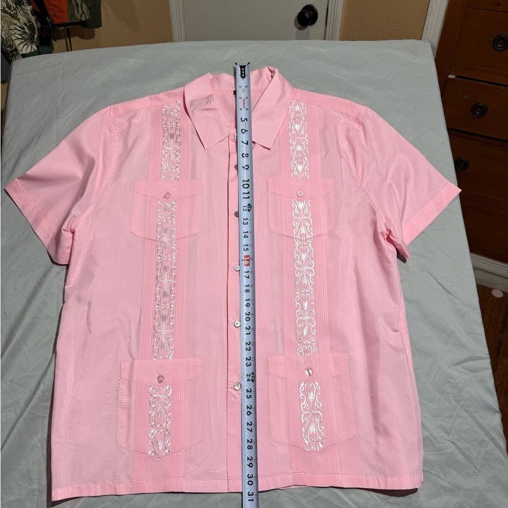 Pink Collared Short Sleeve Shirt.‎ Guayabera with White Embroidery. Snap Buttons - Picture 8 of 15
